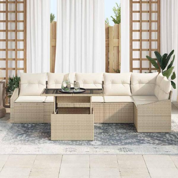 Garten Sofa Set Set aus 7 Beige Rattan, Polyester, Schaum