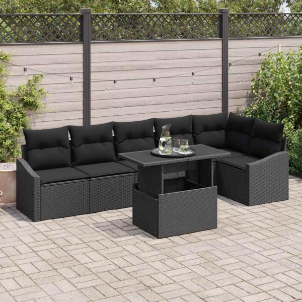 ARDEBO.de - Garten Sofa Set Set von 7 Schwarz Poly-Rattan Garten-Sofa-Set