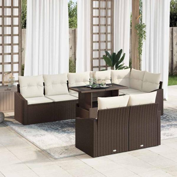 ARDEBO.de - Garten-Sofa-Set 9-teilig Braun und Creme Rattan und Stoff