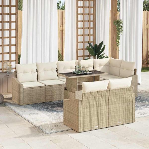 ARDEBO.de - Garten Sofa Set 9 Teile Beige, Creme Rattan, Polyester