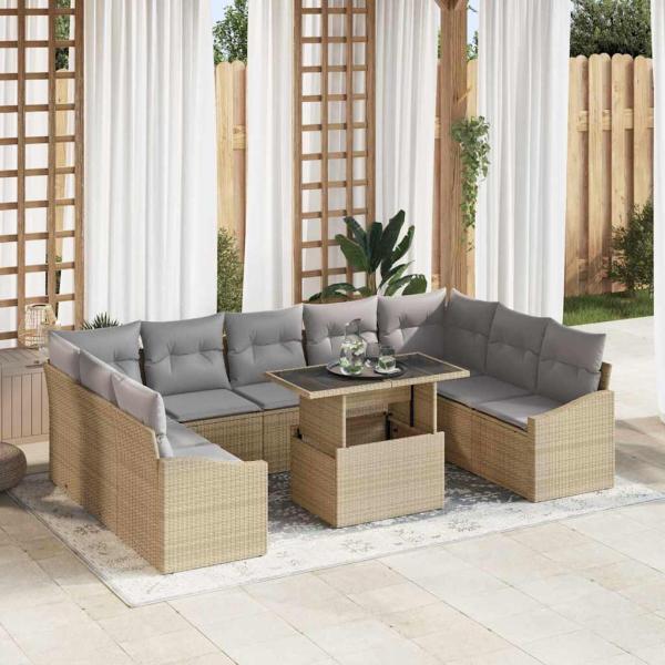 ARDEBO.de - Garten-Sofa-Set Set aus 10 Beige und Grau Rattan und Stoff