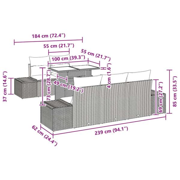 Garten-Sofa Set 6-teilig Braun Rattan Gartentisch Rechteckig