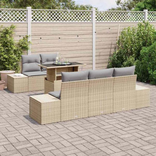 Garten-Sofaset Set aus 6 Beige Rattan Garten-Sofaset Rechteckig
