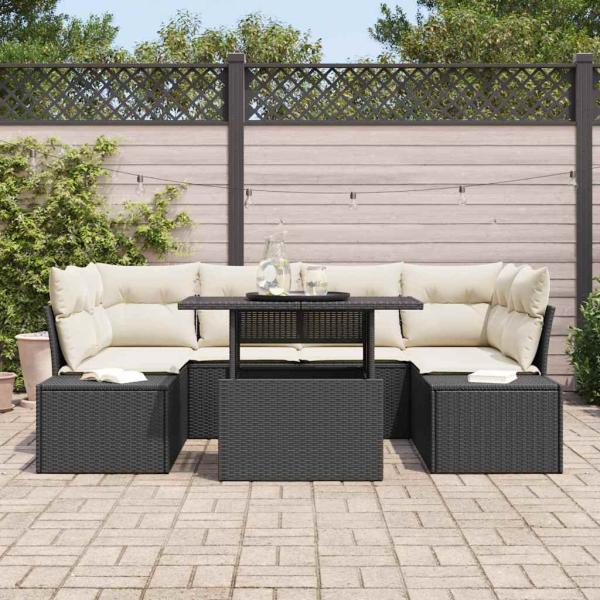 Garten-Sofa-Set 7 Teile Schwarz und Creme Poly-Rattan, Stahl, Stoff