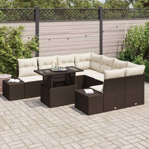 9-teiliges Garten Sofa Set Braun Rattan Mit Stauraum Rechteckig