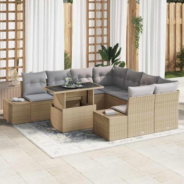 ARDEBO.de - Garten-Sofa-Set 9-teilig Grau, Beige Poly-Rattan Garten-Sofa-Set