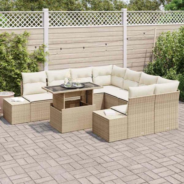 Garten Sofa Set 9-teilig Beige, Creme Rattan, Polyester