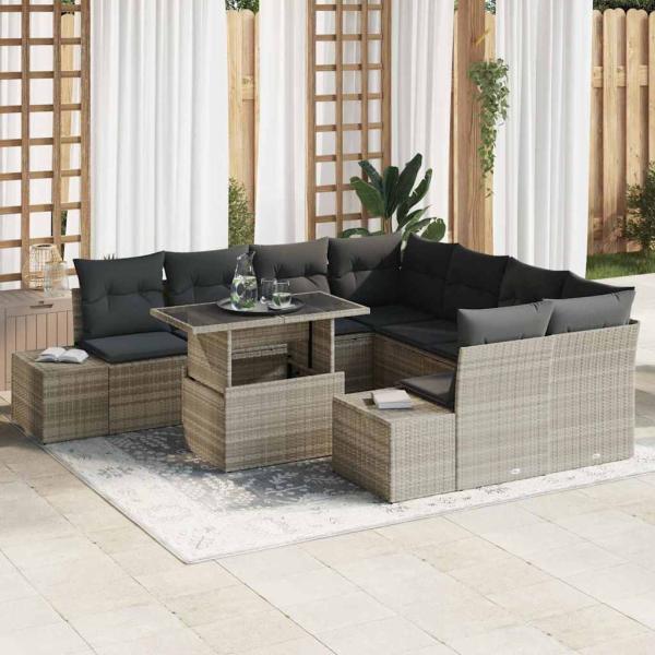 ARDEBO.de - Garten Sofa Set Set aus 9 Beige, Dunkelgrau Rattan