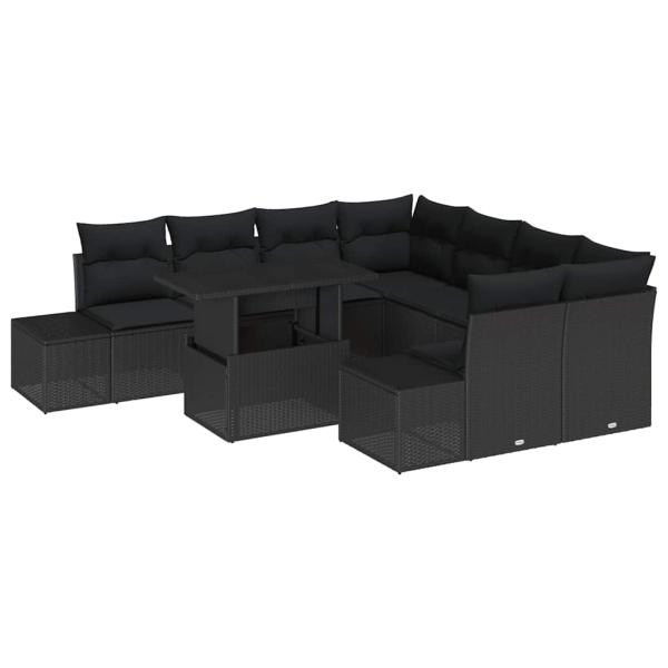 Garten-Sofa-Set 9-teilig Schwarz Rattan, Polyester, Glas
