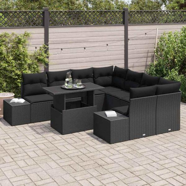 Garten-Sofa-Set 9-teilig Schwarz Rattan, Polyester, Glas