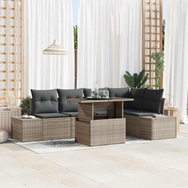 ARDEBO.de - Garten Sofa Set 6-teilig Grau Rattan, Polyesterkissen Gartentisch