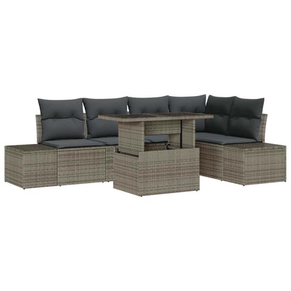Garten Sofa Set 6-teilig Grau Rattan, Polyesterkissen Gartentisch