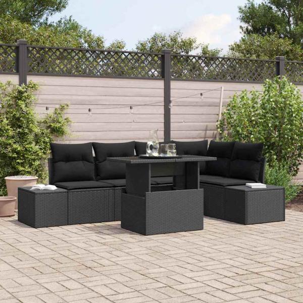 ARDEBO.de - Garten Sofa Set 6-teilig Schwarz Rattan, Polyester, Stahl