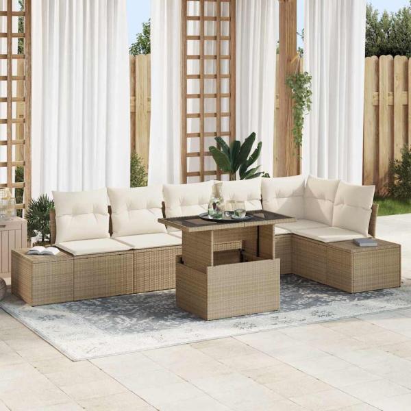 ARDEBO.de - Garten-Sofa-Set 7-teilig Beige, Creme Rattan, Polyester