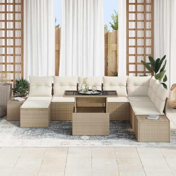 Garten Sofa Set 9-teilig Beige, Braun Poly Rattan, Stoffkissen