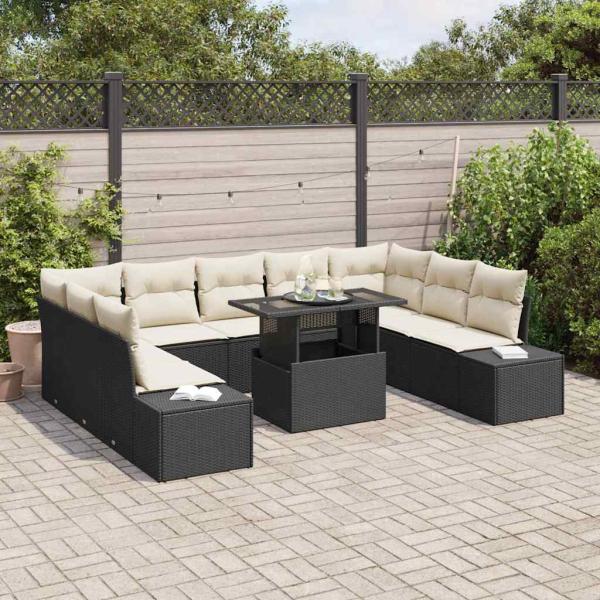 Garten Sofa Set 10-teilig Schwarz, Beige Poly Rattan, Stoff