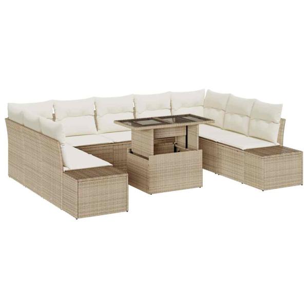 Garten Sofa Set 10 Teile Beige und Hellbraun Rattan und Glasplatte