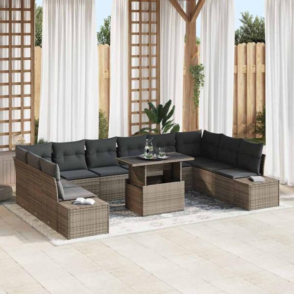 ARDEBO.de - Garten Sofa Set 11 Teile Grau Rattan, Polyesterkissen