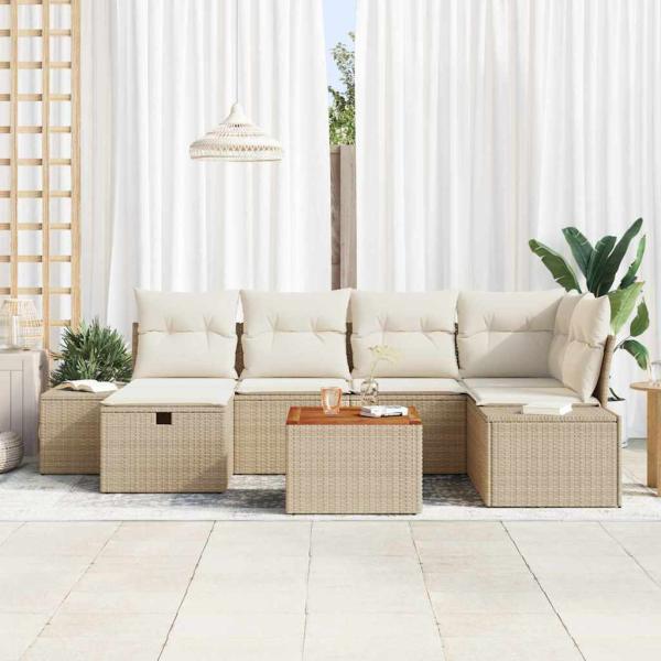 Garten-Sofa-Set Set aus 7 Teilen Beige Rattan, Polyester