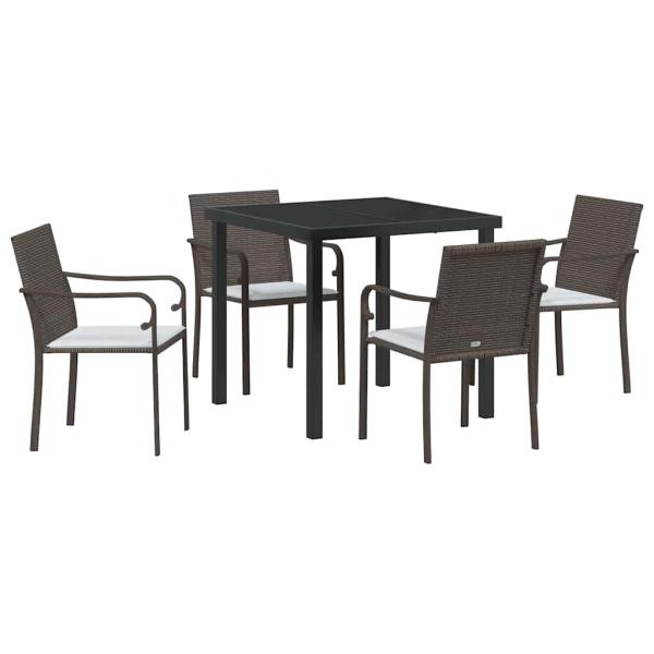5-teiliges Garten-Esszimmer-Set mit Kissen in Braun aus Poly-Rattan