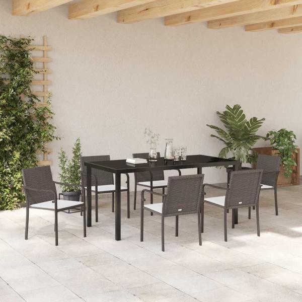 7-teiliges Garten-Esszimmer-Set mit Kissen in Braun aus Poly-Rattan