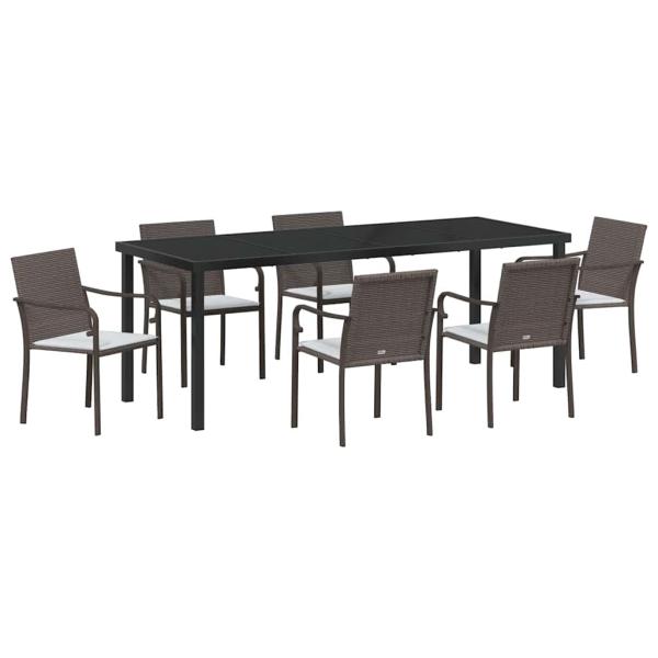 7-teiliges Garten-Esszimmer-Set mit Kissen Braun aus Poly Rattan