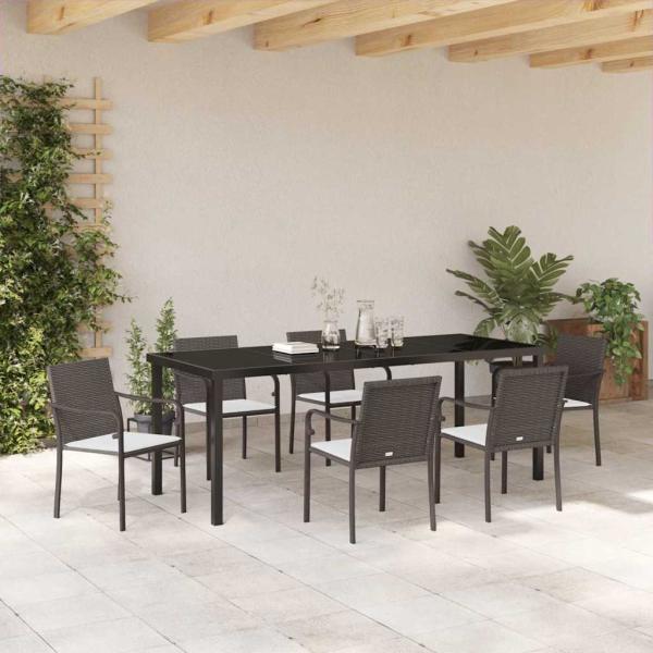 7-teiliges Garten-Esszimmer-Set mit Kissen Braun aus Poly Rattan
