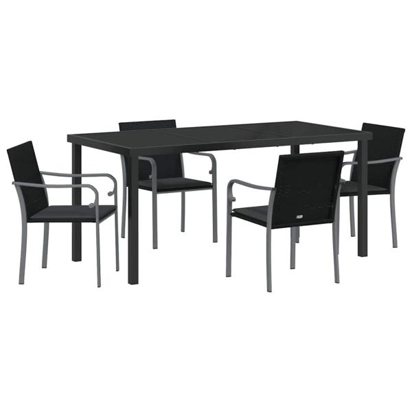 5-teiliges Garten-Dining-Set mit Kissen in Schwarz aus Poly Rattan