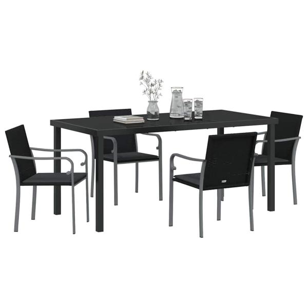5-teiliges Garten-Dining-Set mit Kissen in Schwarz aus Poly Rattan