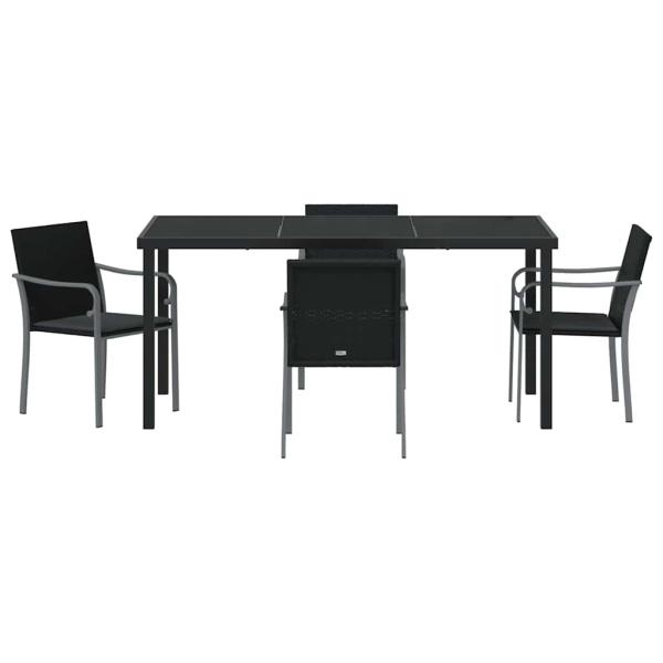 5-teiliges Garten-Dining-Set mit Kissen in Schwarz aus Poly Rattan