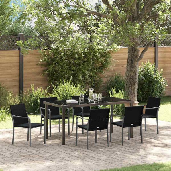 ARDEBO.de - 7-teiliges Garten-Essensemble mit Kissen in Schwarz aus Poly-Rattan