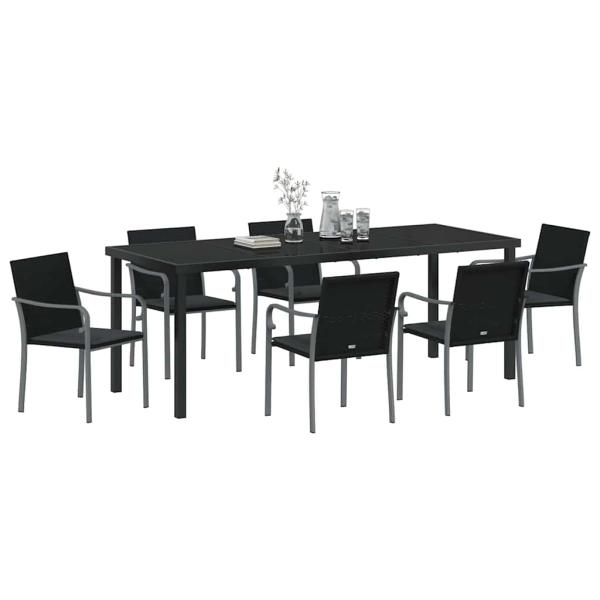 ARDEBO.de - 7-teiliges Garten-Ess-Set mit Kissen in Schwarz aus Poly Rattan