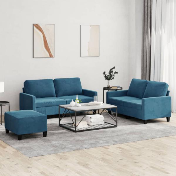 ARDEBO.de - 3-tlg. Sofagarnitur mit Kissen Blau Samt