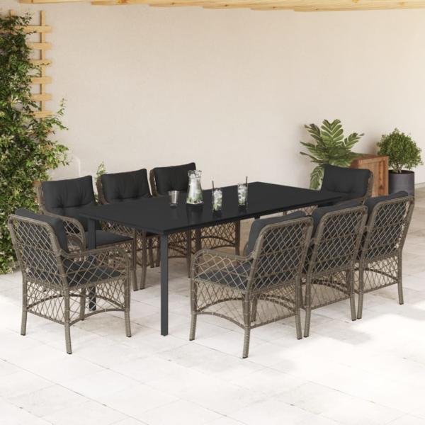 ARDEBO.de - 9-tlg. Garten-Essgruppe mit Kissen Grau Poly Rattan