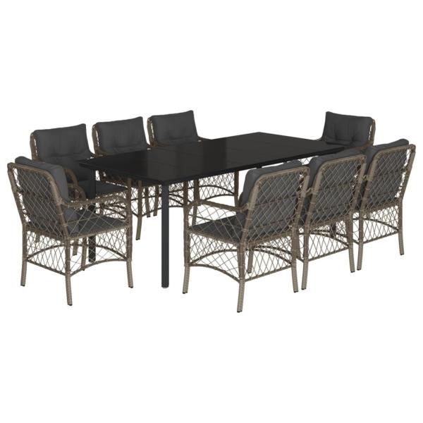 9-tlg. Garten-Essgruppe mit Kissen Grau Poly Rattan
