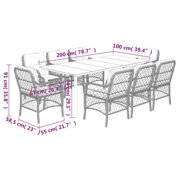 9-tlg. Garten-Essgruppe mit Kissen Grau Poly Rattan