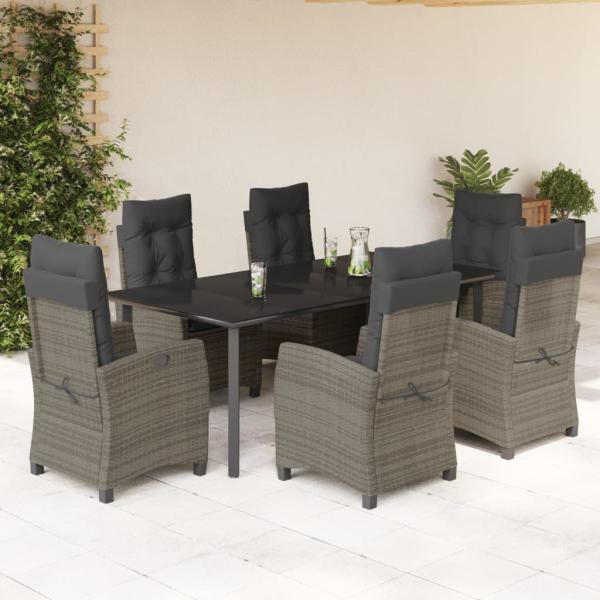 ARDEBO.de - 7-tlg. Garten-Essgruppe mit Kissen Grau Poly Rattan