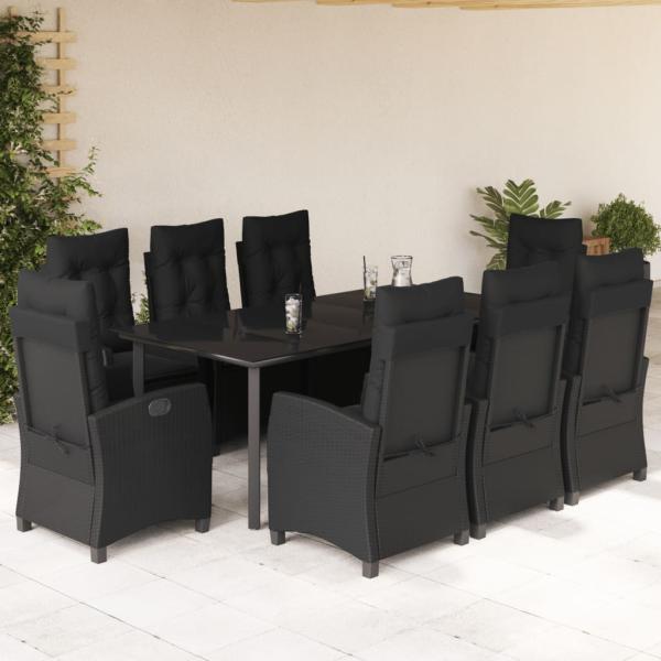ARDEBO.de - 9-tlg. Garten-Essgruppe mit Kissen Schwarz Poly Rattan
