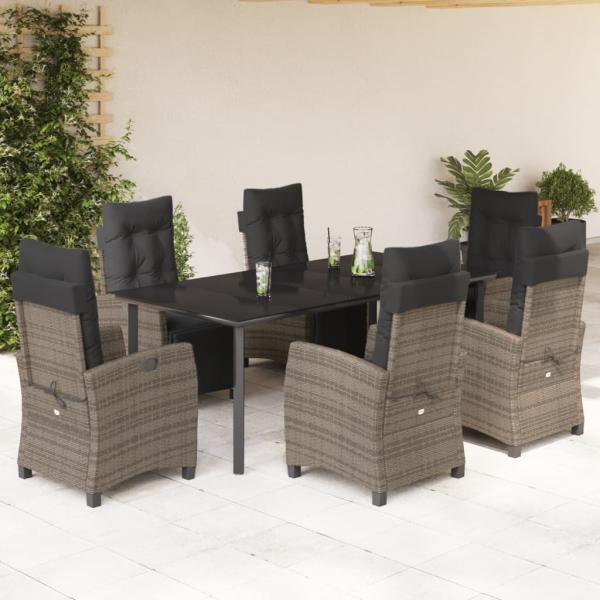 ARDEBO.de - 7-tlg. Garten-Essgruppe mit Kissen Grau Poly Rattan