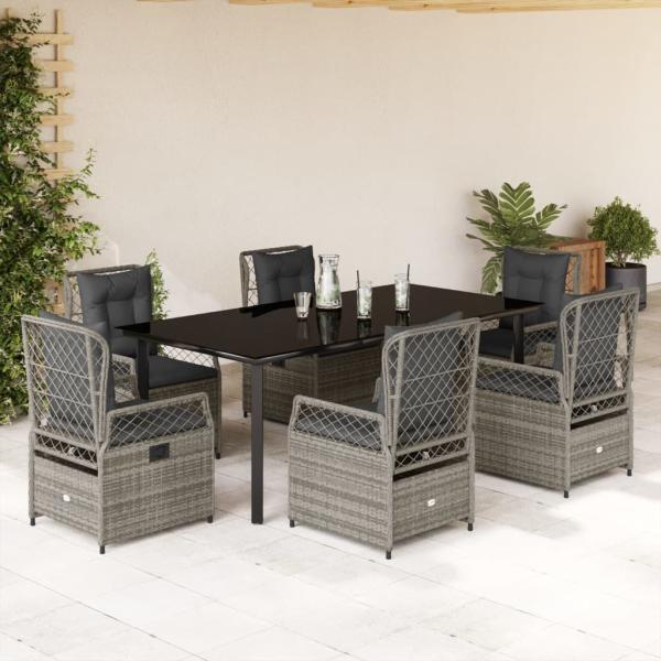 ARDEBO.de - 7-tlg. Garten-Essgruppe mit Kissen Grau Poly Rattan