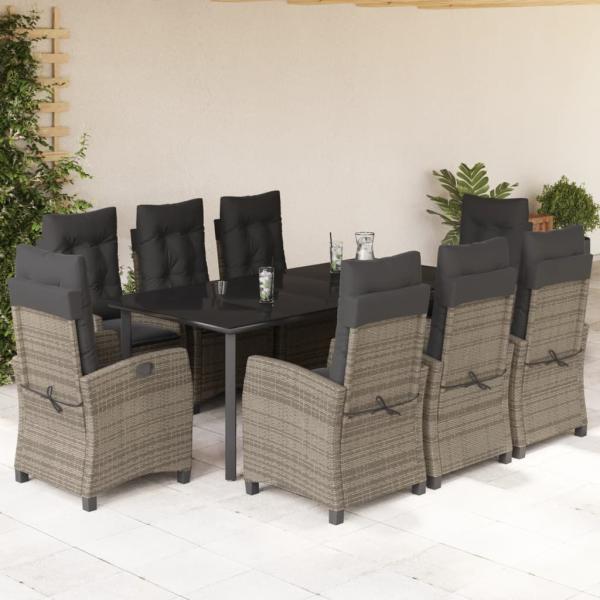 ARDEBO.de - 9-tlg. Garten-Essgruppe mit Kissen Grau Poly Rattan