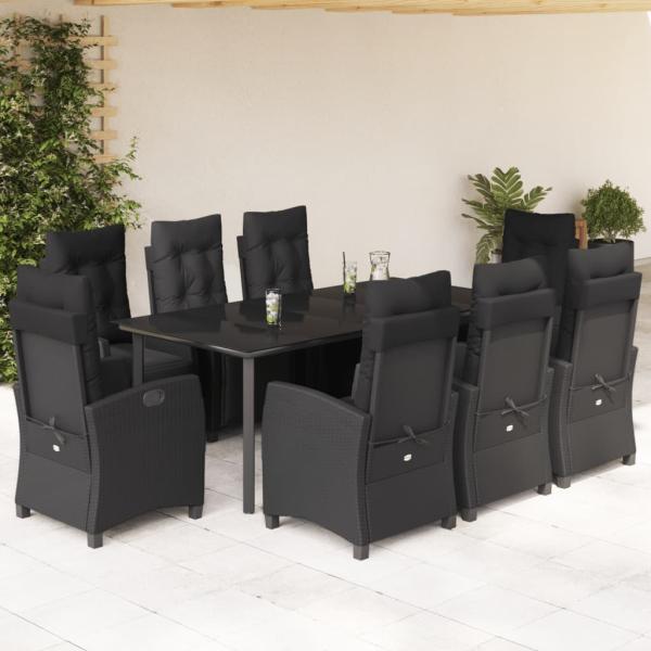 ARDEBO.de - 9-tlg. Garten-Essgruppe mit Kissen Schwarz Poly Rattan