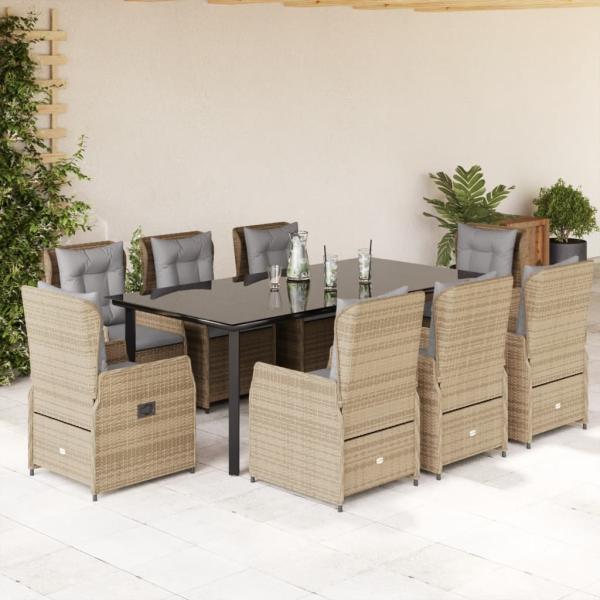 ARDEBO.de - 9-tlg. Garten-Essgruppe mit Kissen Beige Poly Rattan