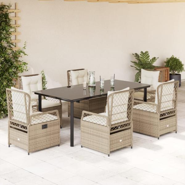 ARDEBO.de - 7-tlg. Garten-Essgruppe mit Kissen Beige Poly Rattan