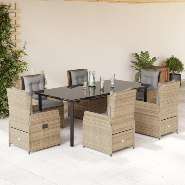 ARDEBO.de - 7-tlg. Garten-Essgruppe mit Kissen Beige Poly Rattan
