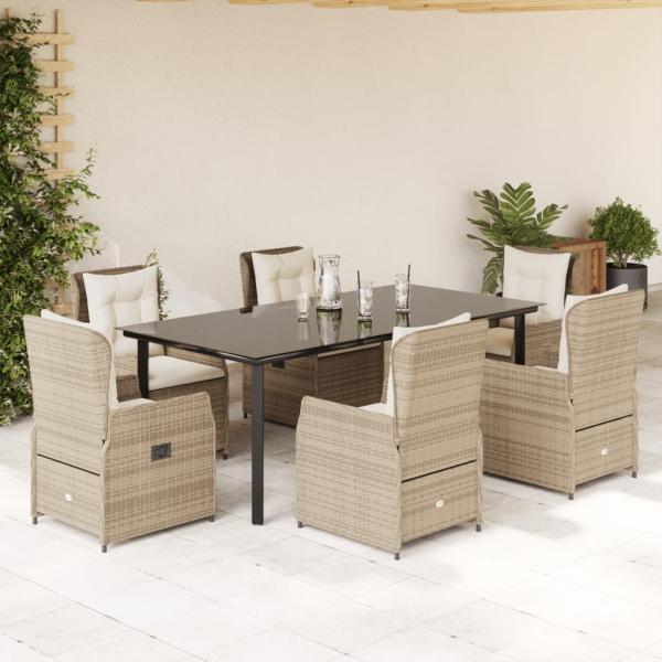 ARDEBO.de - 7-tlg. Garten-Essgruppe mit Kissen Beige Poly Rattan
