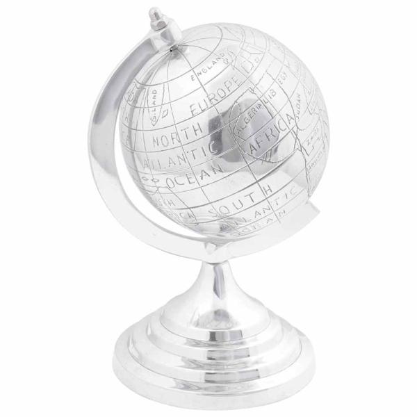 ARDEBO.de - Globus Skulptur Silber 16,5x14x26 cm aus Aluminium