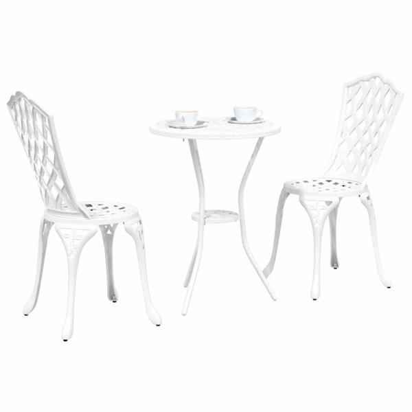 3-teiliges Garten Bistro Set aus weißem Gussaluminium