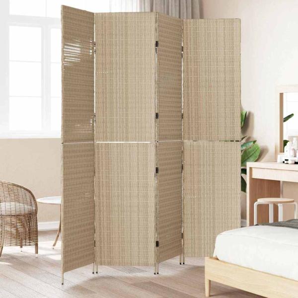 Raumteiler Beige Holz, Stoff 4 Panels, 200 cm Höhe Faltbar
