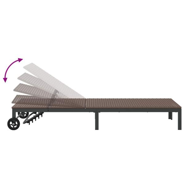 Sonnenliegen 2 Stück mit Rädern und Tisch Braun Poly Rattan